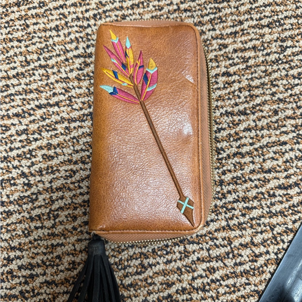 Embroidered Tan Leather Women's Wallet